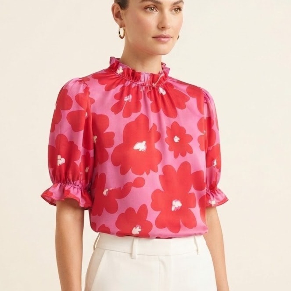 Entro Pink Red Floral Ruffle Mock Neck Blouse Top Short Sleeve Womens Medium M